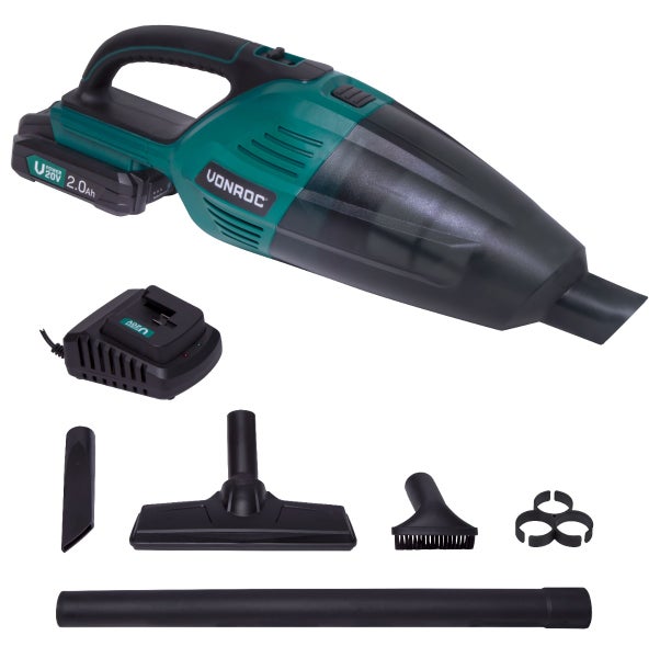 VONROC Vpower Handstaubsauger, kabellos, 20 V, 1 Akku 2,0 Ah und Ladegerät inklusive. Staubbehälter mit 0,5 l - 3 Düsen und Verlängerung von 46 cm - Behälter und Filter abnehmbar und waschbar im