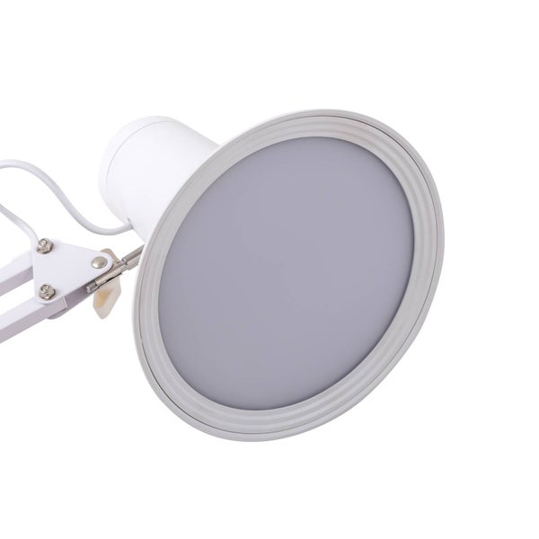 Nahaufnahme einer weißen Schreibtischleuchte mit rundem LED-Panel und verstellbarem Arm.