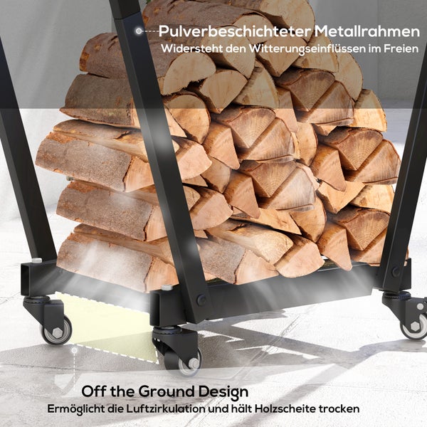 Outsunny Kaminholzregal, mit Rollen, Anzündholz- und Werkzeughaken, Feuerholzregal für Garten, Terrasse, 79 x 30 x 81 cm , Metall, Schwarz