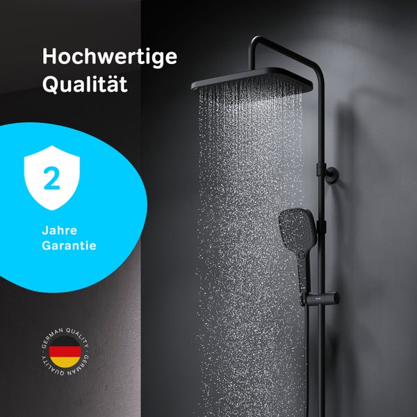 Duschsystem mit Kopfbrause und Handbrause in mattschwarzer Optik mit zwei Jahren Garantie und deutscher Qualitätsauszeichnung.