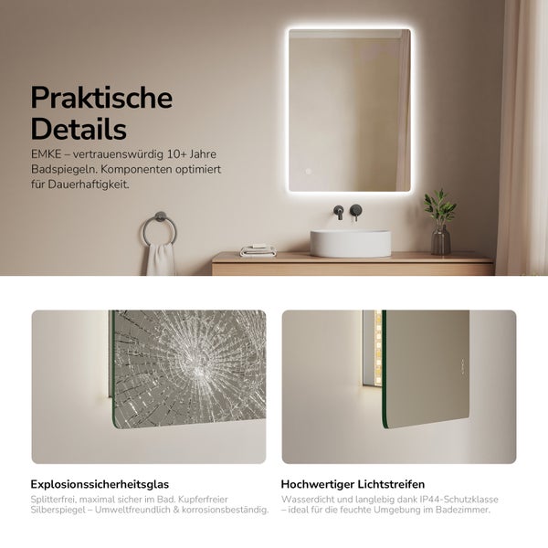 Badezimmerspiegel mit LED Beleuchtung, Touch Sensor sowie Details zu Sicherheitsglas und wasserdichtem Lichtstreifen.