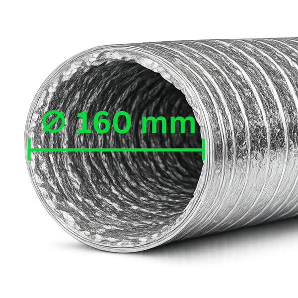 Flexibles Lüftungsrohr aus Aluminium mit einem Durchmesser von 160 Millimetern.