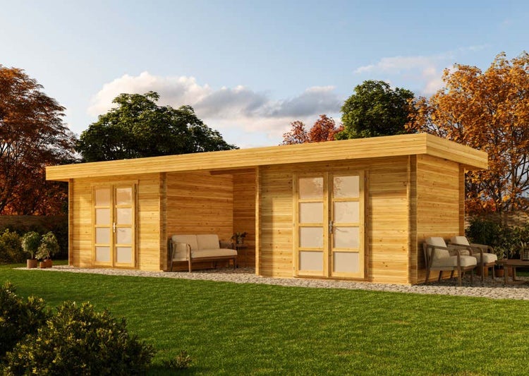 Alpholz Gartenhaus Johann-28 Gartenhaus aus Holz, Holzhaus mit 28 mm Wandstärke inklusive Terrasse FSC zertifiziert, Blockbohlenhaus mit Montagematerial