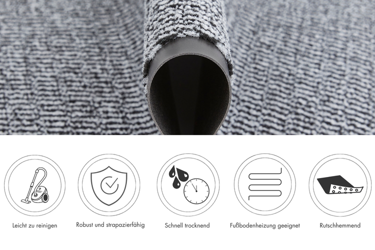 Grau weißer Fußabtreter gerollt mit Produkteigenschaften Symbole