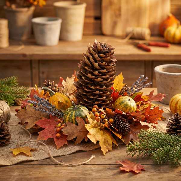 Herbstliche Tischdekoration mit großem Kiefernzapfen, kleinen Zierkürbissen, bunten Blättern, Beeren und Lavendel auf Jute.