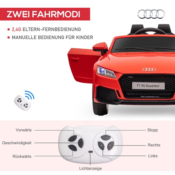 HOMCOM Kinder Elektroauto, 12V, mit 2,4 G Fernbedienung, Audi, mit Scheinwerfer, MP3-Anschluss, bis 3 km/h, für Kinder 3-5 Jahre, 102L x 60B x 44H cm, Kunststoff, Eisen, Rot