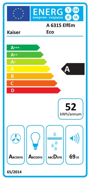 EU-Energielabel für Dunstabzugshaube Kaiser A 6315 ElfEm Eco, Energieeffizienzklasse A, 52 Kilowattstunden pro Jahr, Geräuschpegel 69 Dezibel.