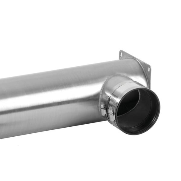 Edelstahlrohr mit Abzweig, Schlauchschelle und Montageplatte für Lüftungsanlagen.