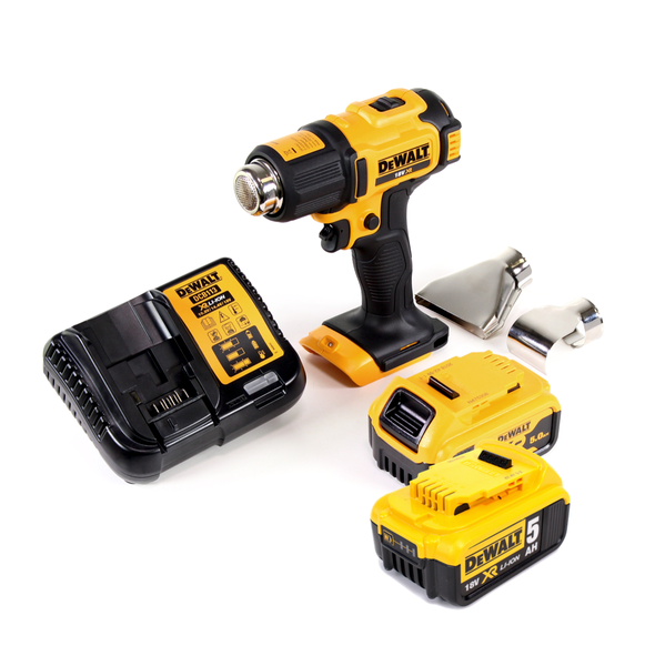 DeWALT Akku-Heißluftpistole 18 Volt Set inklusive Ladegerät, zwei 5,0 Amperestunden Akkus und zwei Aufsatzdüsen.