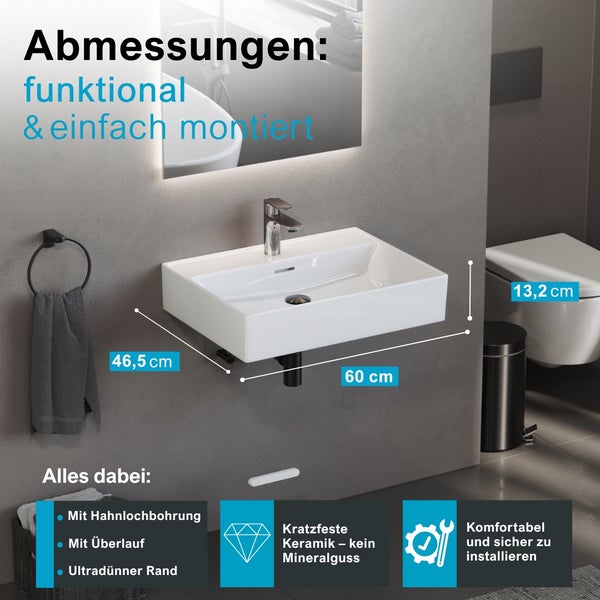 Rechteckiges Wand-Waschbecken aus Keramik im modernen Badezimmer, Maße 60 mal 46,5 mal 13,2 Zentimeter, mit Hahnlochbohrung, Überlauf und dünnem Rand.