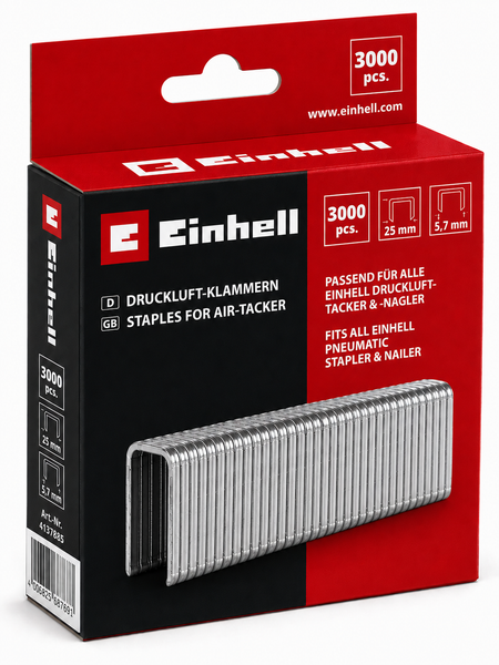 Einhell Druckluft Klammern mit 25 Millimeter Länge und 5,7 Millimeter Breite für Drucklufttacker und Druckluftnagler, Inhalt 3000 Stück