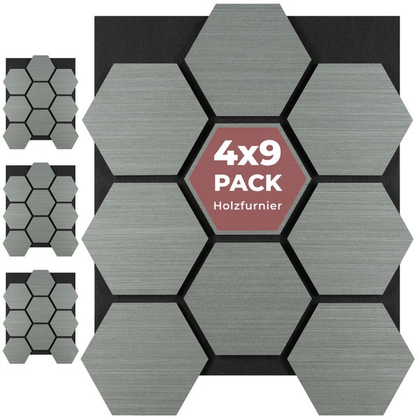 4er-Pack Wandfliesen in Sechseckform mit Holzfurnier-Oberfläche, 9 Fliesen pro Packung.