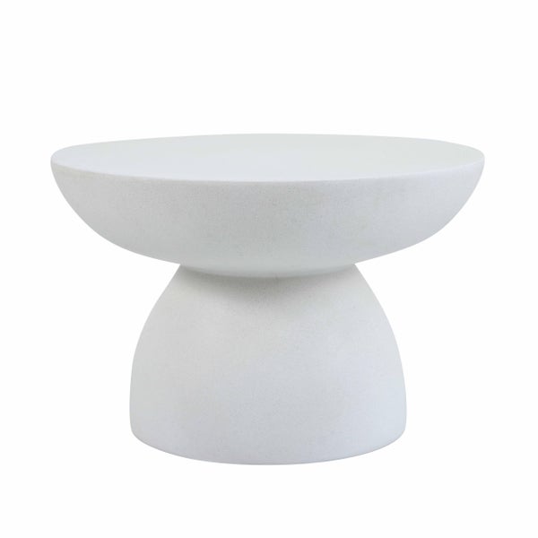 Runder weißer Beistelltisch in Schalenform aus Verbundmaterial.