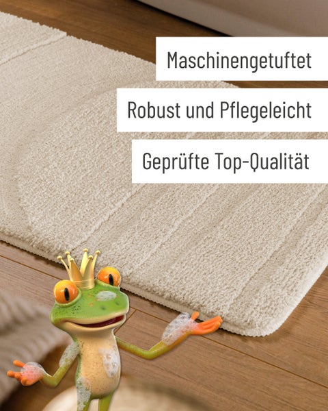 Maschinengetuftete Badematte, robust und pflegeleicht in geprüfter Top-Qualität mit einem Frosch-Maskottchen.