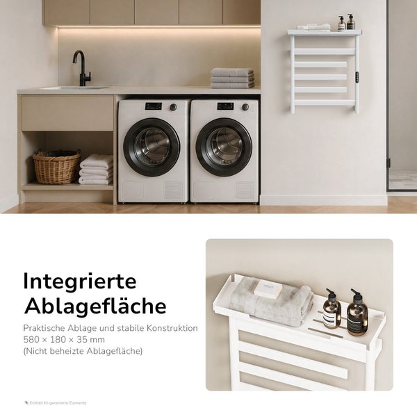Elektrischer Handtuchheizkörper mit integrierter Ablagefläche für das Badezimmer, montiert an einer Wand neben Waschmaschine und Trockner.