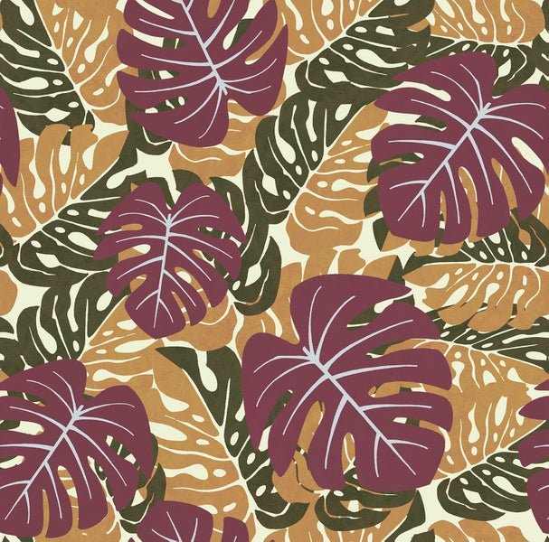 Wohnzimmer mit tropischer Blättertapete, Sessel, Beistelltisch und Pendelleuchte