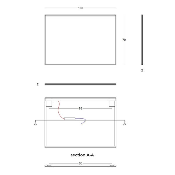 Technische Zeichnung eines rechteckigen LED-Spiegels mit den Maßen 100 mal 70 Zentimeter und einer Tiefe von 2 Zentimetern.