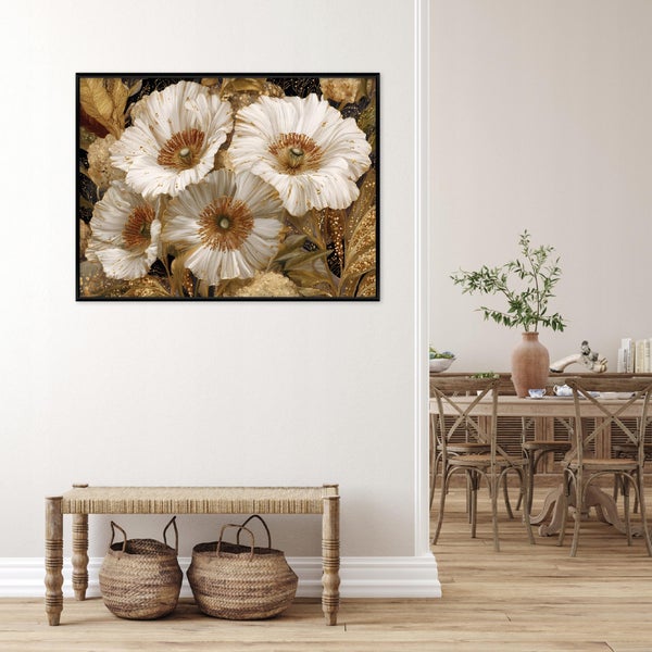 Wandbild mit Blumendarstellung in modernem Innenraum mit Holzbank und Weidenkörben