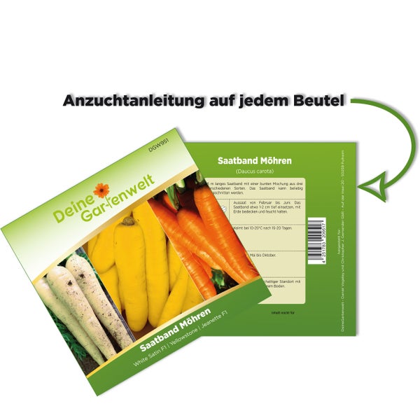 Deine Gartenwelt Logo auf einer Saatgutpackung für Möhren-Saatband White Satin F1, Yellowstone, Jeanette F1 mit Anzuchtanleitung.