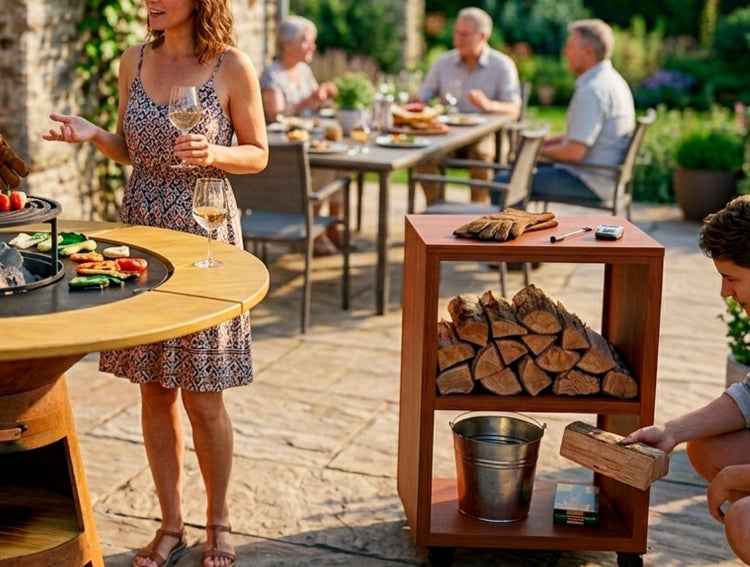 Szene im Garten mit Grill, Holzlagerregal und Personen