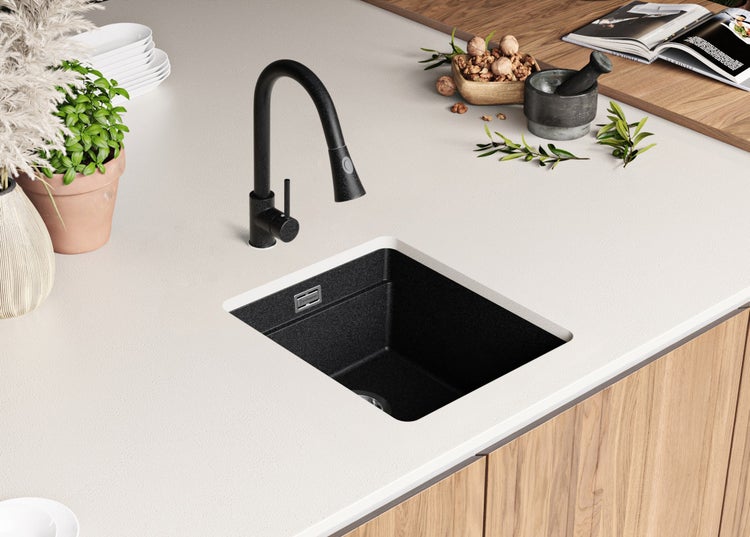 PRIMAGRAN Unterbauspüle Granit Anthrazit 41x47cm, Spülbecken 1 Becken + Küchenarmatur 40x20cm + Ablauf-Set + Aufrollbare Abtropffläche, Granitspüle ab 45er Unterschrank - Praga