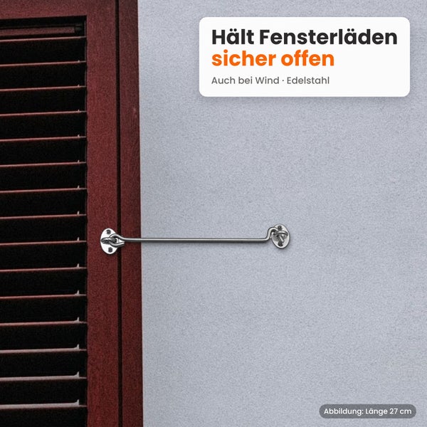Edelstahl Fensterladenhalter mit einer Laenge von 27 Zentimeter zur sicheren Fixierung von Fensterlaeden auch bei Wind.