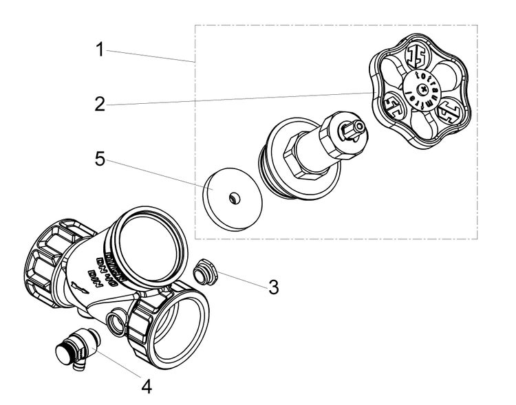 Explosionszeichnung eines Schrägsitzventils mit nummerierten Einzelteilen wie Handrad und Entleerventil.