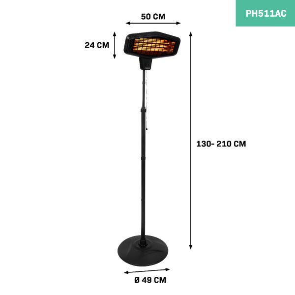 Schwarzer Infrarot-Terrassenstrahler auf Stativ. Höhe 130 bis 210 Zentimeter, Kopf 50 mal 24 Zentimeter, Fuß Durchmesser 49 Zentimeter.