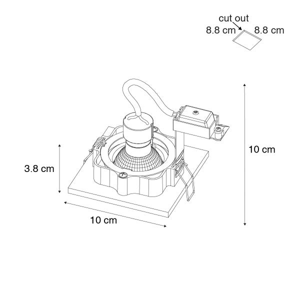 Maßzeichnung für quadratischen Einbaustrahler: 10 mal 10 Zentimeter, Einbautiefe 10 Zentimeter, Lochausschnitt 8.8 mal 8.8 Zentimeter.