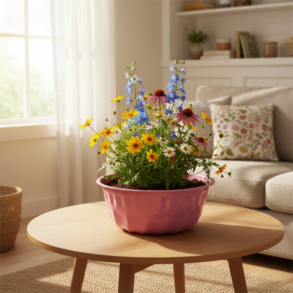 Bunte Blumenmischung in einer rosa Schale auf einem runden Holztisch in einem hellen Wohnzimmer.