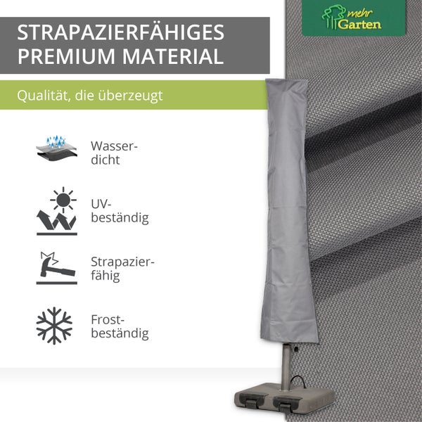 Mehr Garten - Premium Sonnenschirm-Abdeckhaube: 220 (H) x 30/55 (B) cm I Geeignet für Schirm rund bis Ø400 cm I Schutzhülle für Sonnenschirme, wasserdicht & wetterfest (Oxford 600D Gewebe), Lichtgrau
