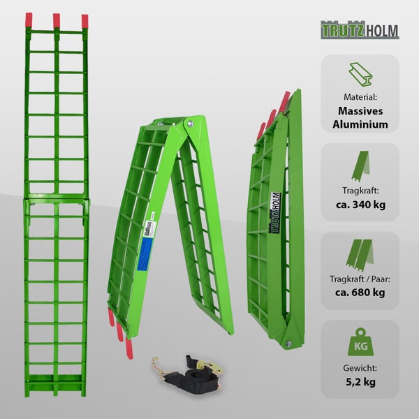 TRUTZHOLM 1 x Auffahrrampe klappbar 180 cm Traglast 340 kg Alu grün Riffelstab Verladerampe