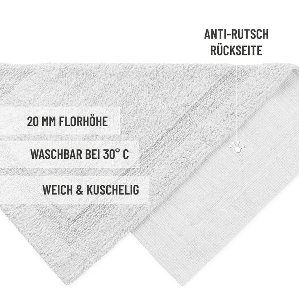 Badematte mit 20 Millimeter Florhöhe, waschbar bei 30 Grad, weiche Oberfläche und rutschhemmende Rückseite.