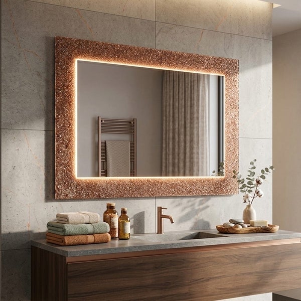 Rechteckiger Badspiegel mit LED-Beleuchtung und strukturiertem Rahmen über einem Waschtisch in einem modernen Badezimmer.