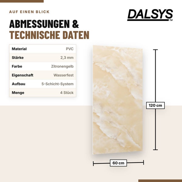 Technische Daten und Maße einer Dalsys PVC Wandplatte in Marmoroptik mit 60 mal 120 Zentimetern und 2,3 Millimetern Stärke.