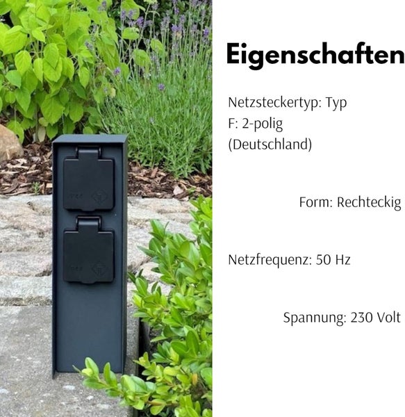 Außen-Energiesäule mit zwei Steckdosen und Klappdeckeln. Merkmale: Netzsteckertyp F 2-polig, rechteckige Form, 50 Hertz, 230 Volt.