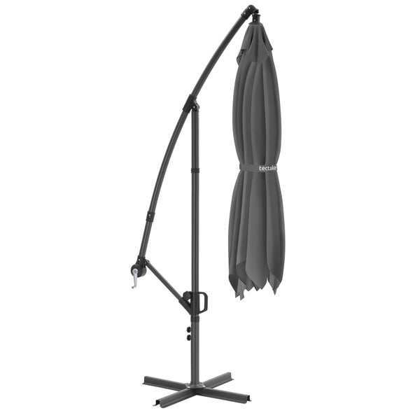 Geschlossener tectake Ampelschirm mit Metallgestell, Standkreuz und Handkurbel.