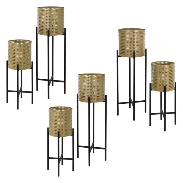 ML-Design Blumenständer 6er Set Schwarz-Gold 17x17x55/19x19x75,5 cm, aus Stahl, Blumentopfständer mit Übertopf, Metall Pflanzenständer, Blumentopfhalter 2-tlg, Pflanztopf Deko Blumensäule Blumenhocker