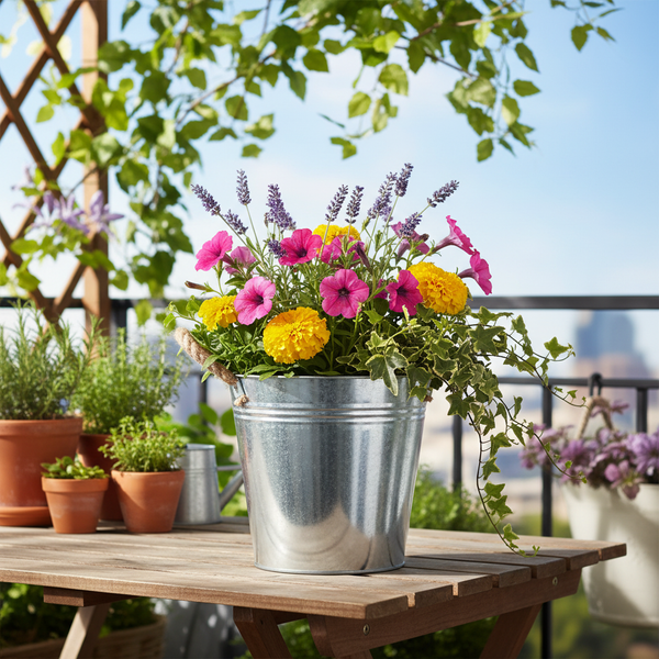 Helle Balkonszene mit Zinkeimer auf Holztisch, mit Petunien, Tagetes, Lavendel und Efeu. Terrakottatöpfe und Rankgitter im Hintergrund.