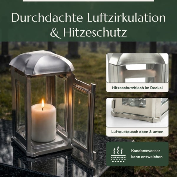 Grablampe aus Metall mit Hitzeschutzblech im Deckel und Lüftungsschlitzen für Luftzirkulation und Kondenswasserableitung auf einem Grabstein.