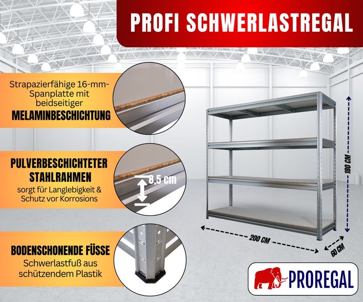 Infografik für ein Proregal Schwerlastregal aus Stahl, 4 Fachböden, 200 mal 180 mal 60 Zentimeter, inklusive Kunststofffüßen, Proregal Logo.