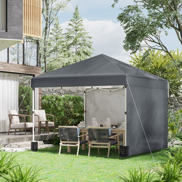 Outsunny Pavillon ca.3x3m, wasserabweisend Stabil Winterfest Pop-up Faltpavillon mit 2 Seitenwänden, UV Schutz 30+, Faltbar Partyzelt Gartenzelt mit Tasche, Gartenpavillon für Camping, Dunkelgrau