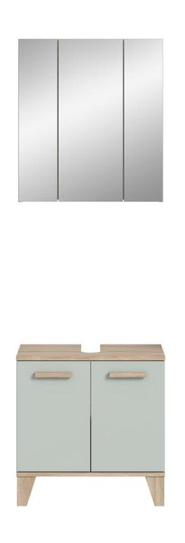 Badezimmermöbel Set bestehend aus einem Spiegelschrank mit drei Spiegeltüren und einem Waschbeckenunterschrank mit zwei Türen und Standbeinen
