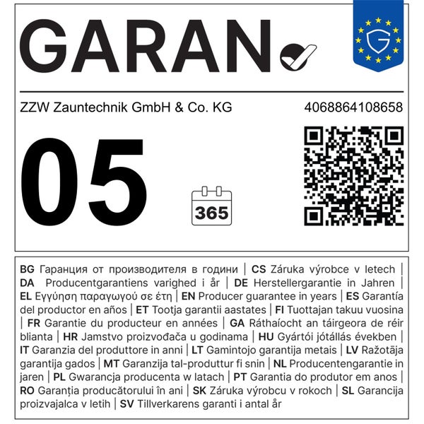 Garantiekarte von ZZW Zauntechnik für 5 Jahre Herstellergarantie inklusive QR Code für weiterführende Informationen.