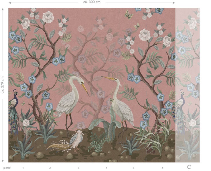 Tapetenmotiv mit Reihern, Pfauen und Blüten auf Ästen