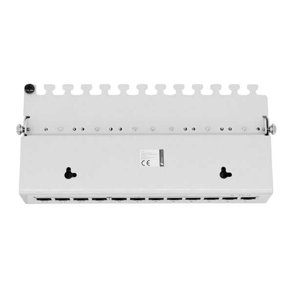 Patchpanel Kategorie 6 mit 12 Ports aus Metall zur Wandmontage oder Tischaufstellung.