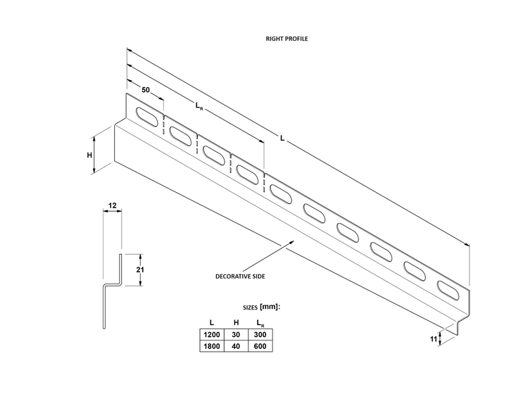 Technische Zeichnung eines Metall-Rechtsprofils mit Maßangaben in Millimeter. Ansicht mit Langlöchern und Querschnitt mit Größentabelle.