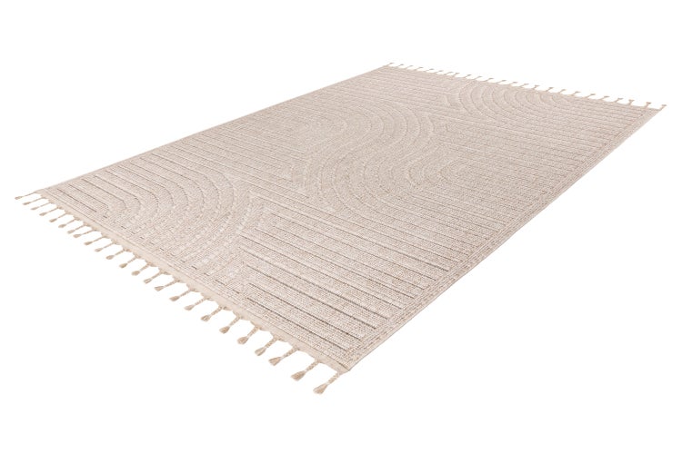 Rechteckiger Teppich mit geometrischem Muster und Fransen an den kurzen Seiten
