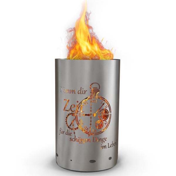 Feuersäule aus Metall mit Uhr-Motiv und Flammen