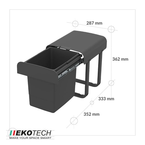EKOTECH ausziehbarer Abfalleimer, Maße: Breite 287 Millimeter, Höhe 362 Millimeter, Tiefe 333 bis 352 Millimeter. EKOTECH Logo.